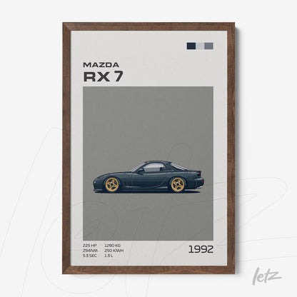 quadro com arte digital do carro Mazda RX-7 de 1992 em moldura de madeira escura