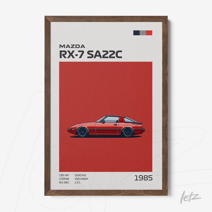 quadro decorativo com ilustração do carro Mazda RX-7 SA22C em fundo vermelho e moldura de madeira escura