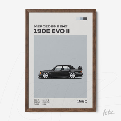 quadro com arte gráfica do carro Mercedes Benz 190E EVO II com fundo cinza e moldura de madeira escura