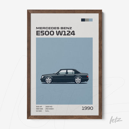 quadro com arte minimalista do carro Mercedes Benz E500 W124 em moldura de madeira escura