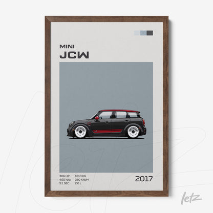 quadro com ilustração mínima do carro Mini JCW de 2017 em moldura de madeira escura