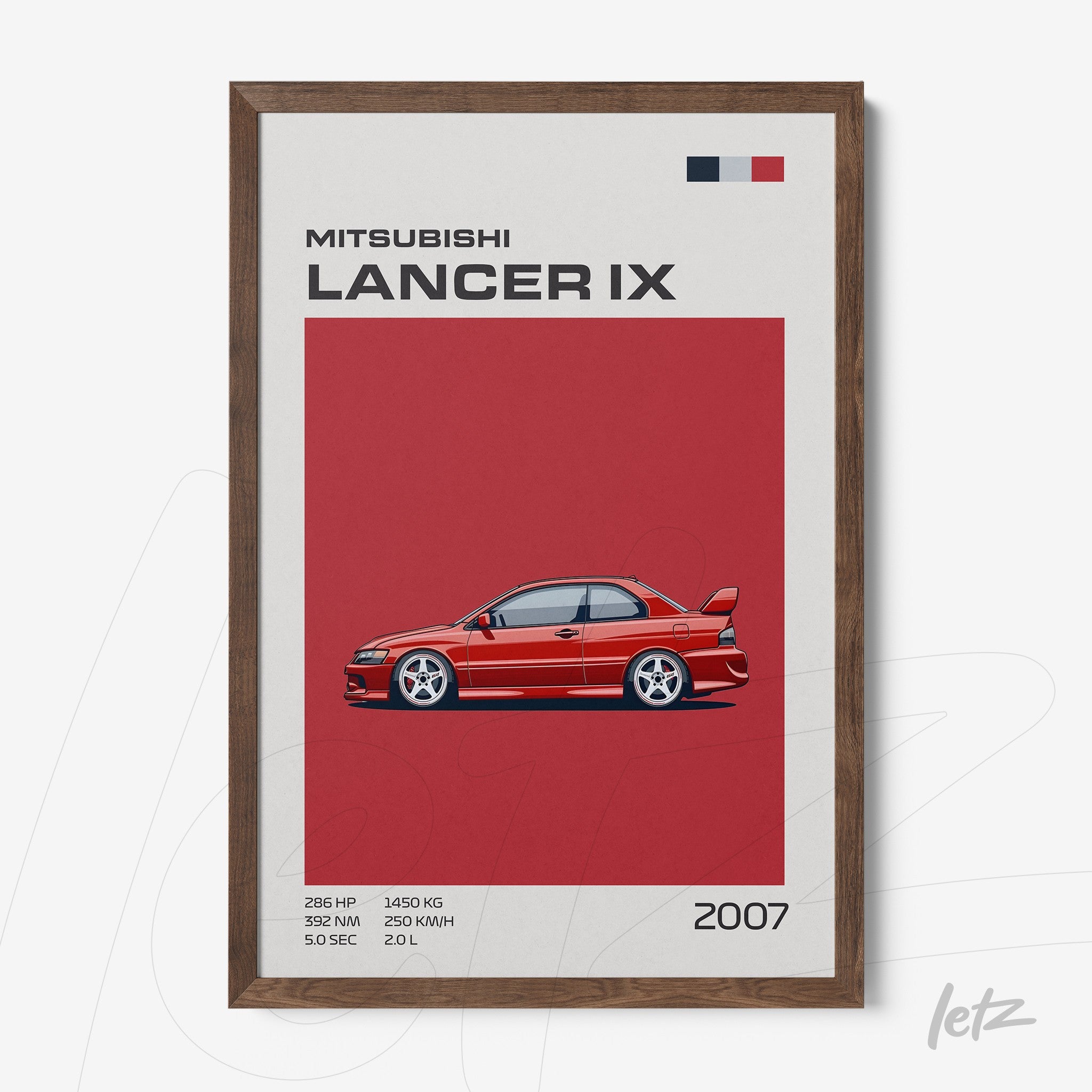 quadro com ilustração estilizada do Mitsubishi Lancer IX de 2007 em moldura de madeira escura