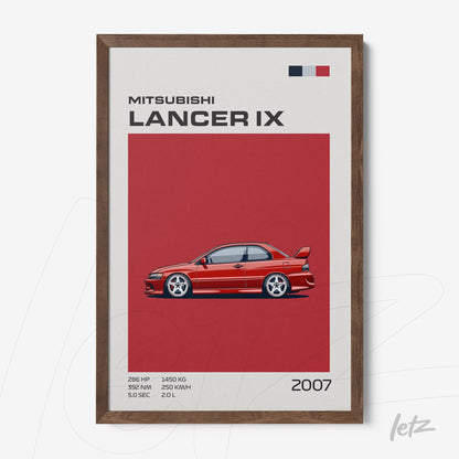 quadro com ilustração estilizada do Mitsubishi Lancer IX de 2007 em moldura de madeira escura