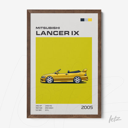 quadro com arte digital do Mitsubishi Lancer IX de 2005 em moldura de madeira escura com fundo amarelo vibrante