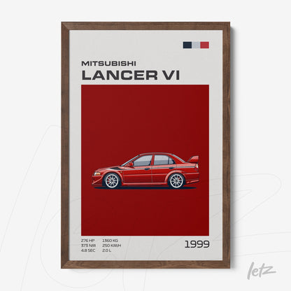 quadro com arte digital do Mitsubishi Lancer VI de 1999 em moldura de madeira escura