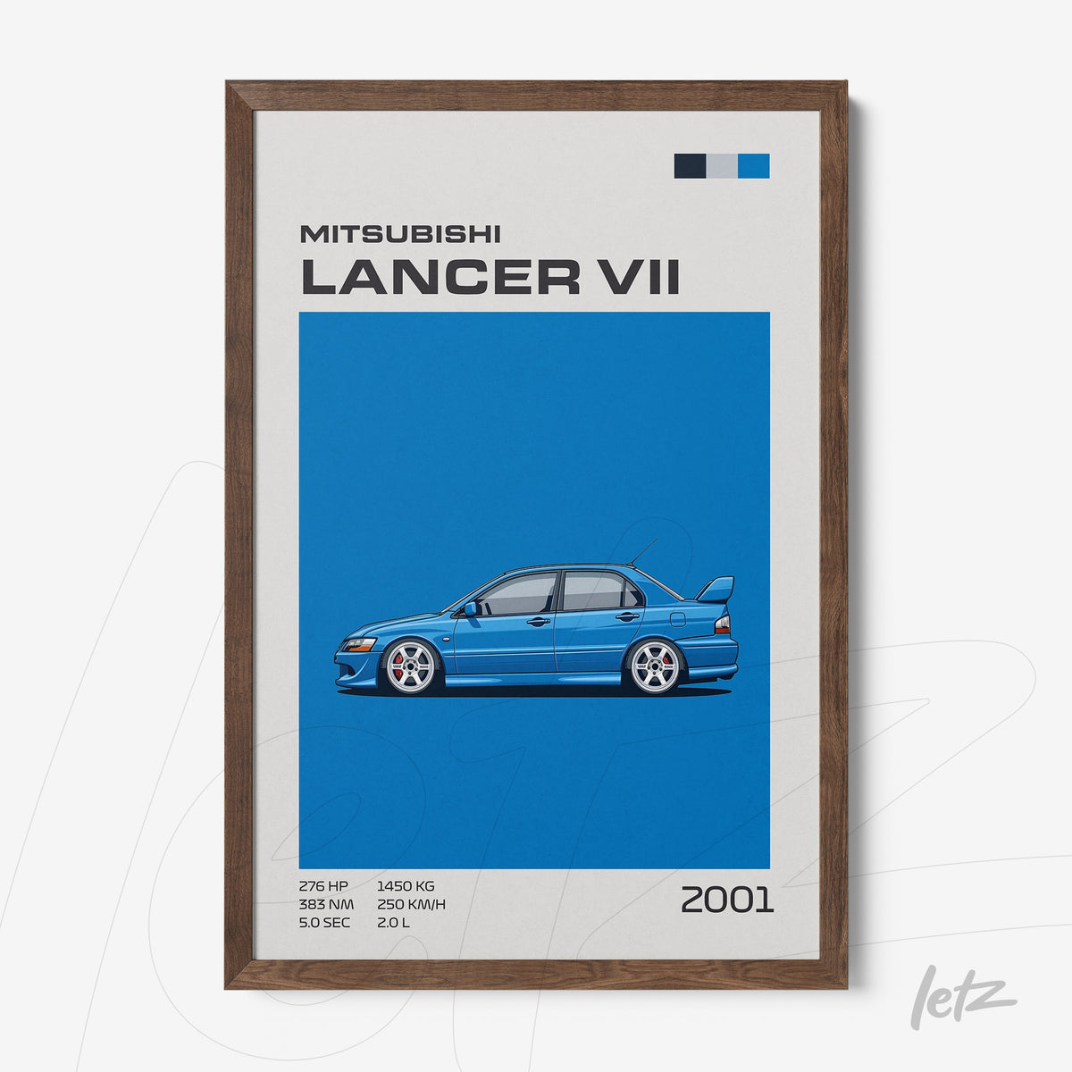 quadro com arte digital de um Mitsubishi Lancer VII em fundo azul vibrante com moldura de madeira escura