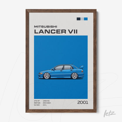 quadro com arte digital de um Mitsubishi Lancer VII em fundo azul vibrante com moldura de madeira escura