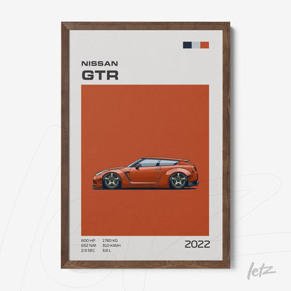 quadro com arte digital do carro Nissan GTR em moldura de madeira escura com fundo laranja