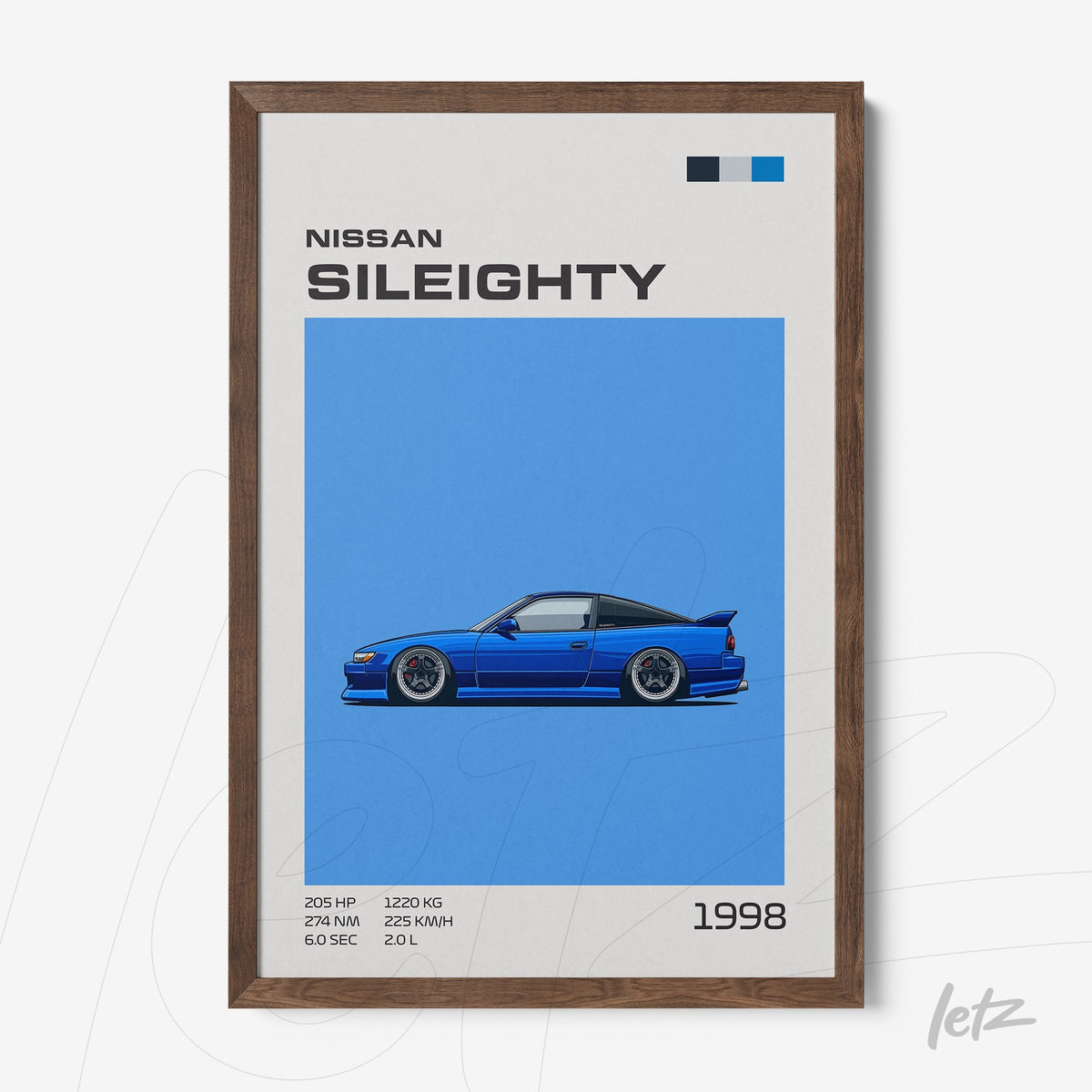quadro decorativo com ilustração vetorial de carro esportivo Nissan Sil80 em fundo azul vibrante, com moldura de madeira escura