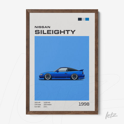 quadro decorativo com ilustração vetorial de carro esportivo Nissan Sil80 em fundo azul vibrante, com moldura de madeira escura
