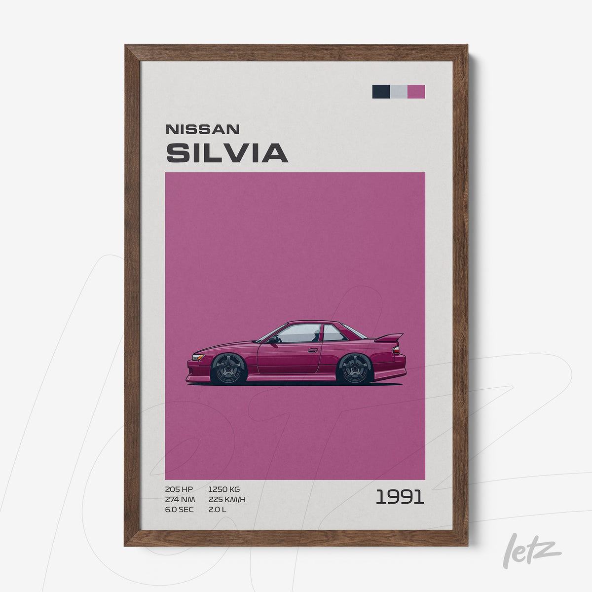 quadro decorativo do carro Nissan Silvia de 1991 em moldura de madeira escura com fundo rosa