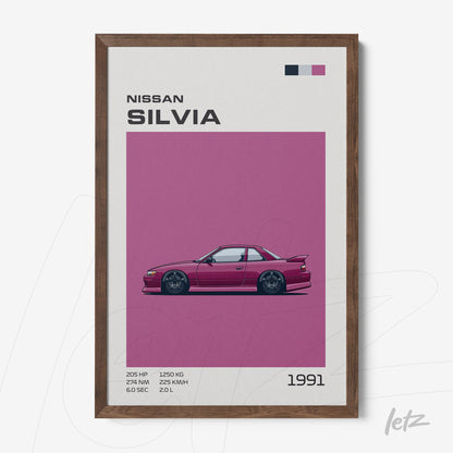 quadro decorativo do carro Nissan Silvia de 1991 em moldura de madeira escura com fundo rosa