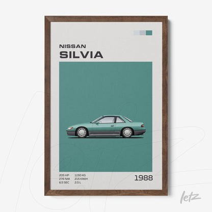 quadro emoldurado com ilustração de um Nissan Silvia de 1988 em fundo verde e moldura de madeira escura