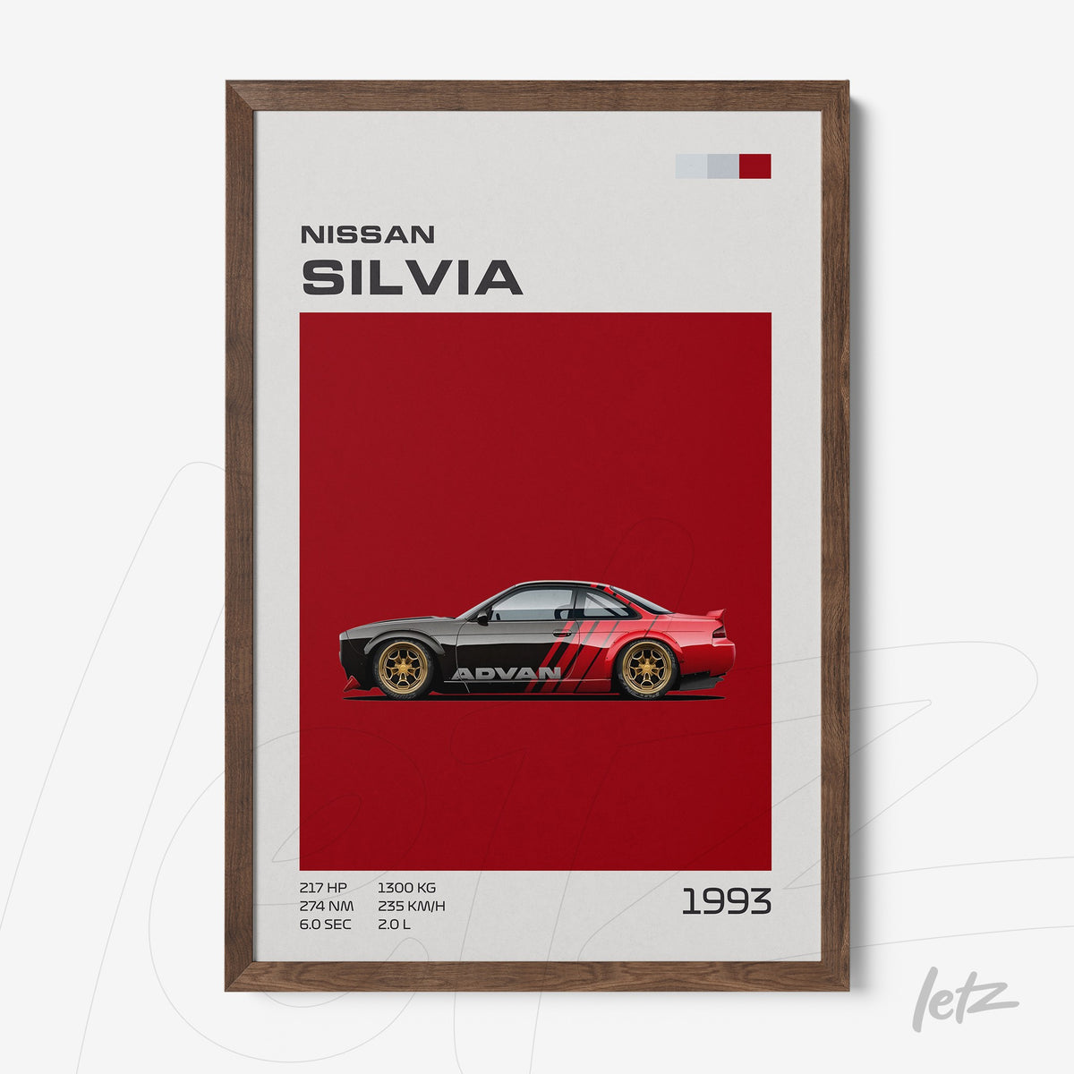 quadro com arte digital do carro Nissan Silvia em fundo vermelho, moldura de madeira escura