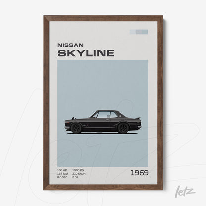 quadro com arte minimalista do carro Nissan Skyline 1969 em moldura de madeira escura