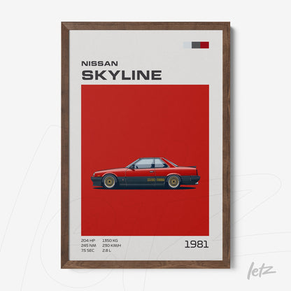 quadro com arte digital do carro Nissan Skyline vertido em fundo vermelho, com moldura de madeira escura