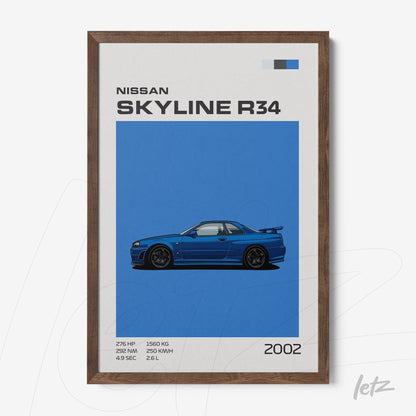 quadro com ilustração do carro Nissan Skyline R34 em fundo azul, com moldura de madeira escura