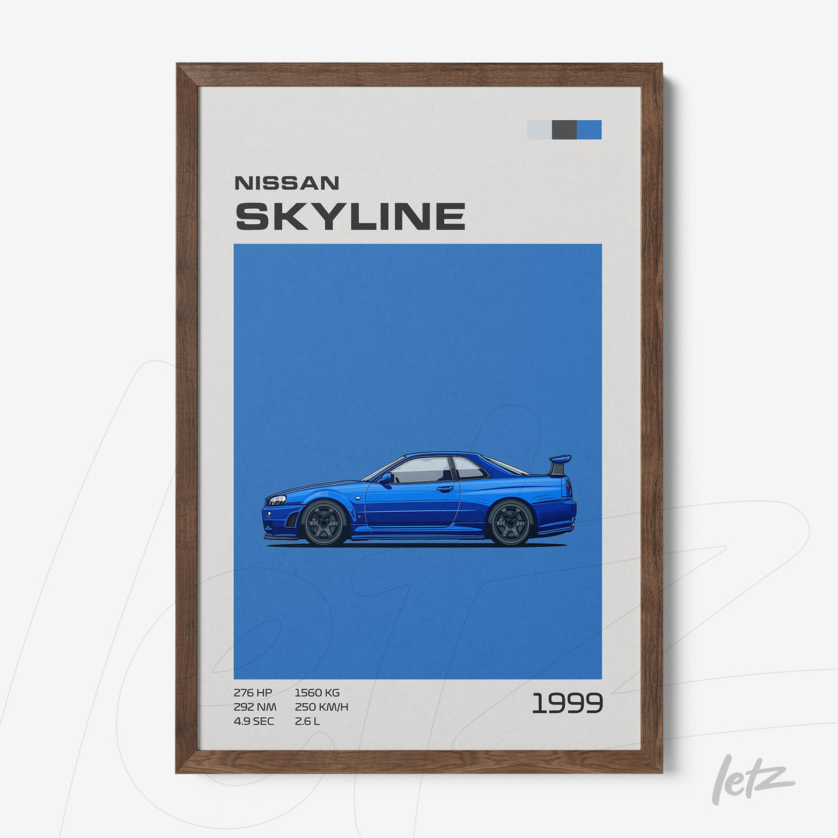 quadro com ilustração do carro Nissan Skyline de 1999 em fundo azul vibrante e moldura de madeira escura