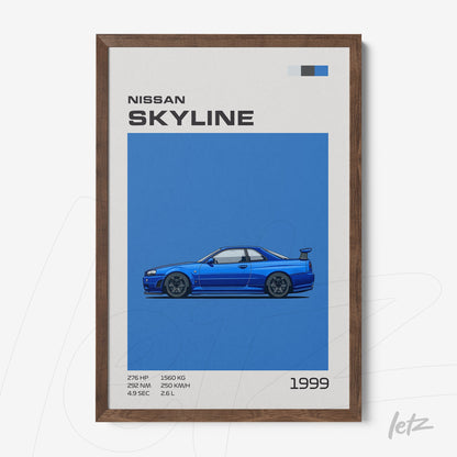 quadro com ilustração do carro Nissan Skyline de 1999 em fundo azul vibrante e moldura de madeira escura