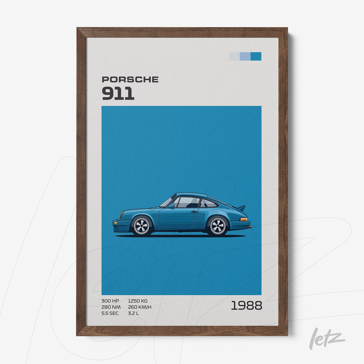 quadro com arte digital do carro Porsche 911 estilizado em fundo azul com moldura em madeira escura