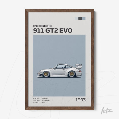 quadro com ilustração minimalista do Porsche 911 GT2 EVO em moldura de madeira escura