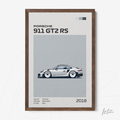 quadro com ilustração minimalista do carro Porsche 911 GT2 RS em moldura de madeira escura