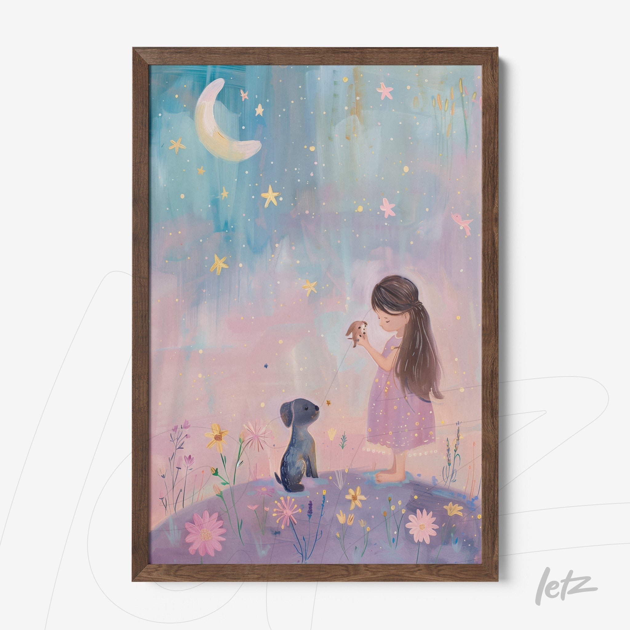 quadro com arte infantil de menina com vestido rosa e cachorro sentado sob um céu estrelado e um grande crescente