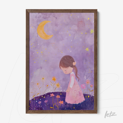 quadro com ilustração de menina em vestido rosa sobre fundo roxo, com flores coloridas e lua crescente amarela, moldura de madeira escura