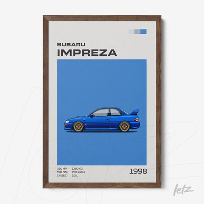 quadro com ilustração estilizada de um Subaru Impreza azul em fundo azul, moldura de madeira escura