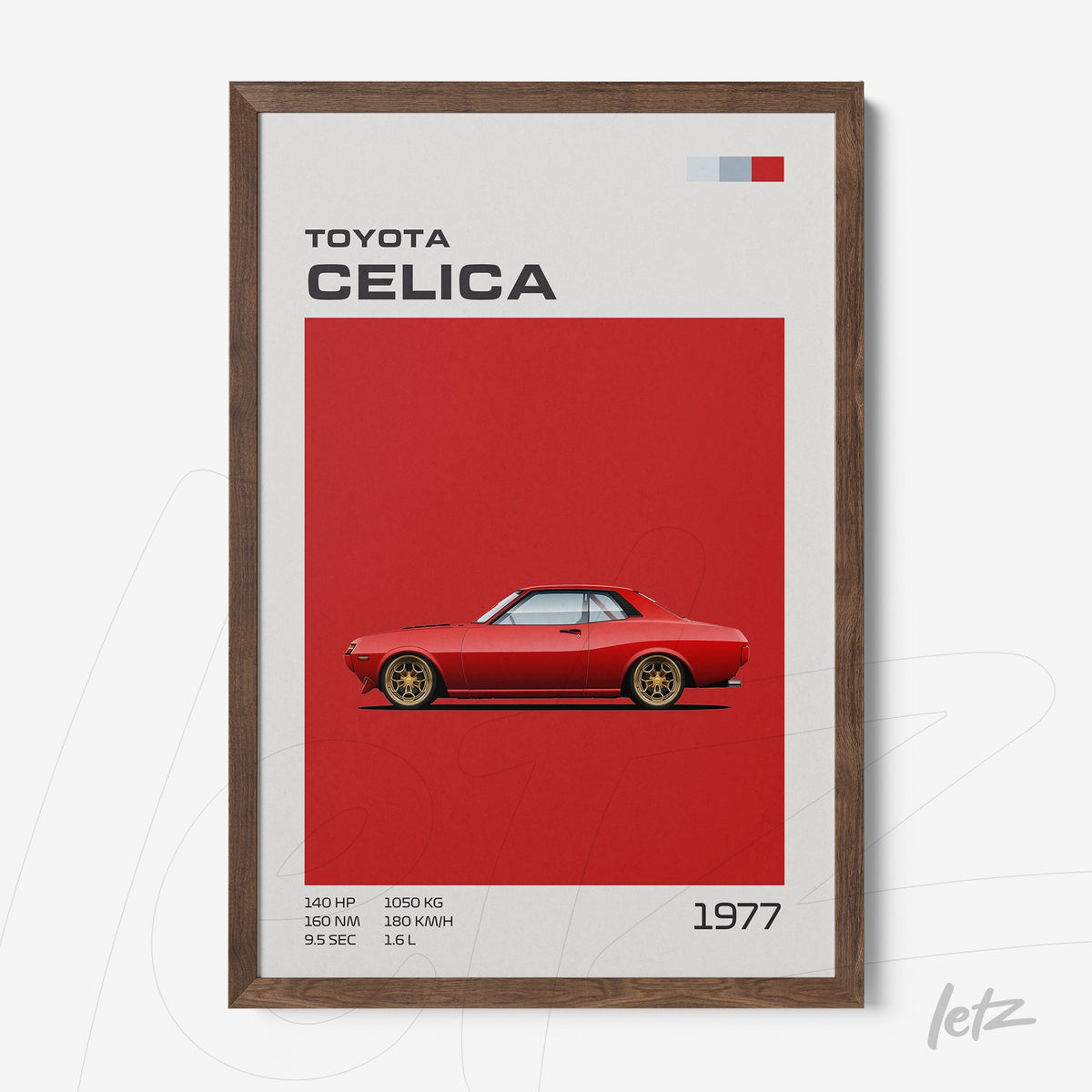 quadro com ilustração retrô de um carro Toyota Celica 1977 em fundo vermelho com moldura de madeira escura