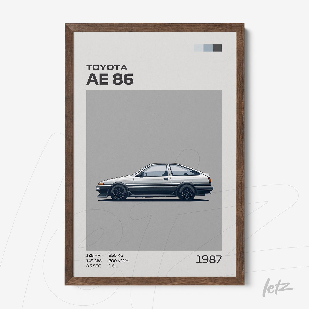 quadro com ilustração detalhada do carro Toyota AE 86 em moldura de madeira escura