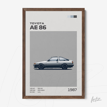 quadro com ilustração detalhada do carro Toyota AE 86 em moldura de madeira escura