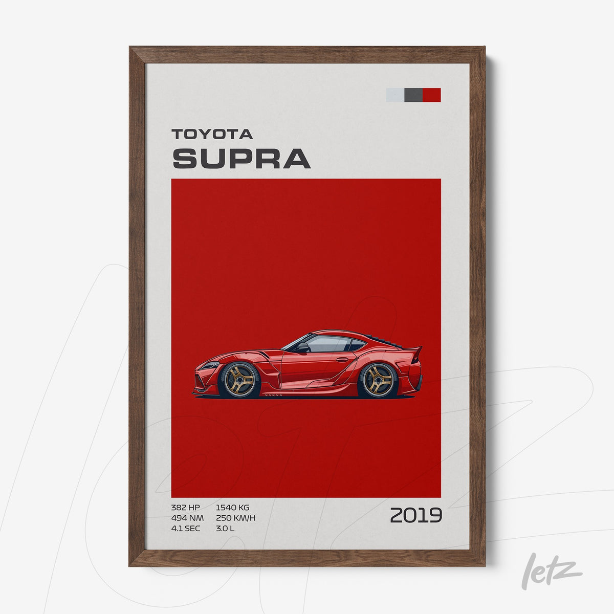 quadro com arte digital de um carro esportivo Toyota Supra 2019 em moldura de madeira escura
