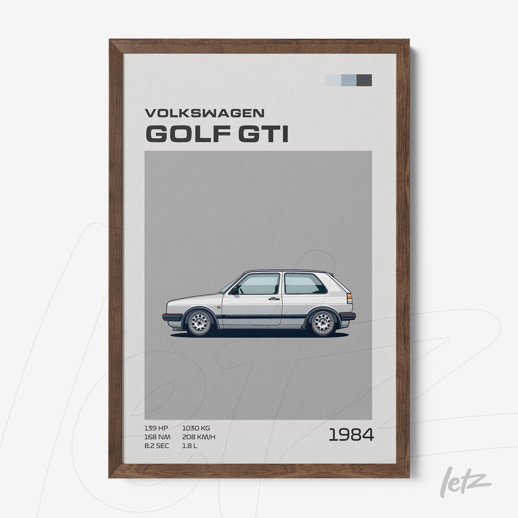 quadro com ilustração do carro Volkswagen Golf GTI em moldura de madeira escura