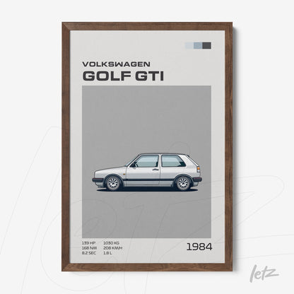 quadro com ilustração do carro Volkswagen Golf GTI em moldura de madeira escura