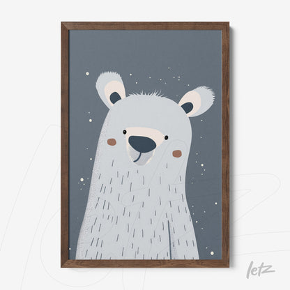 arte de urso polar estilizado com fundo cinza e moldura de madeira