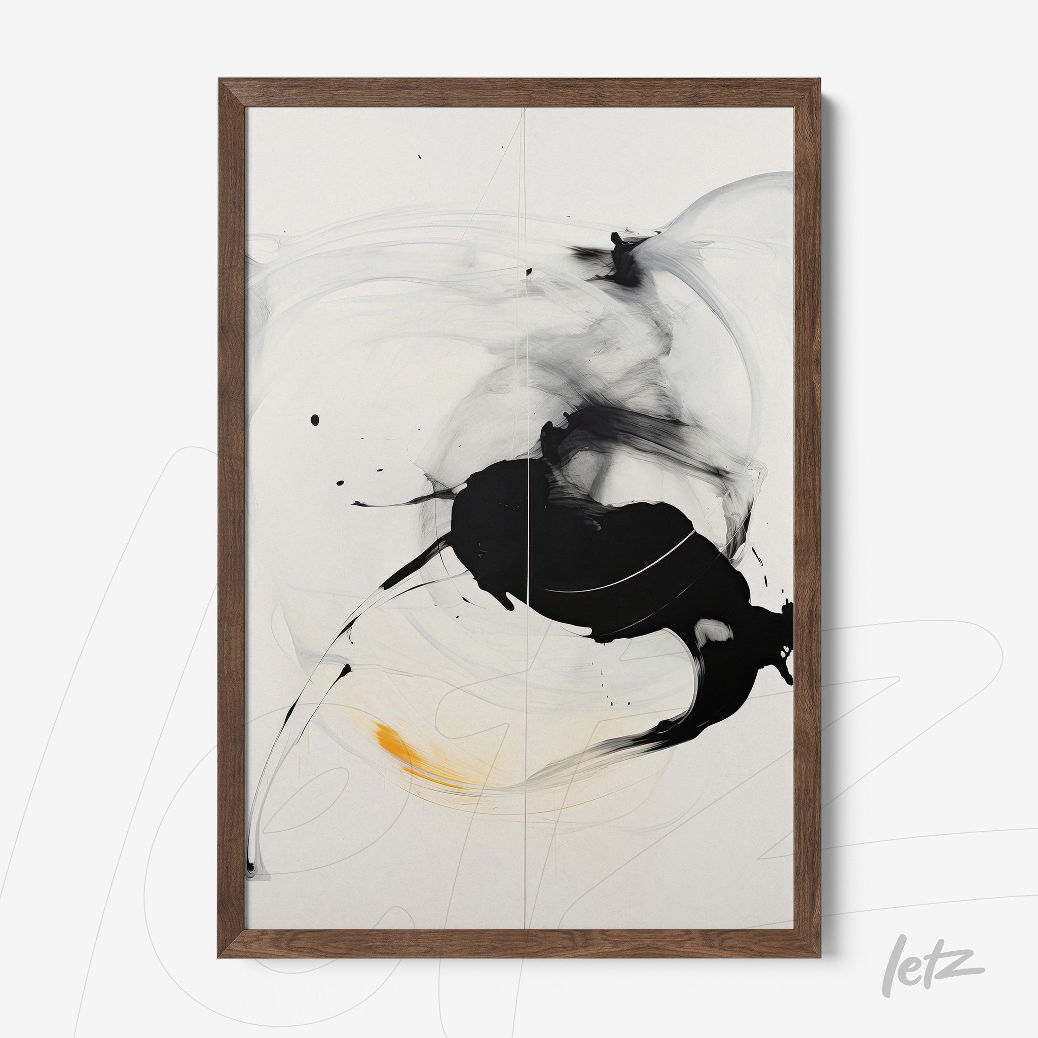 quadro abstrato em preto e branco com detalhe em amarelo, moldura de madeira escura