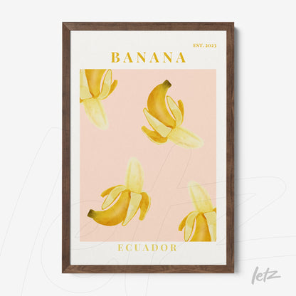 quadro com arte moderna de bananas em fundo rosa, moldura marrom escuro