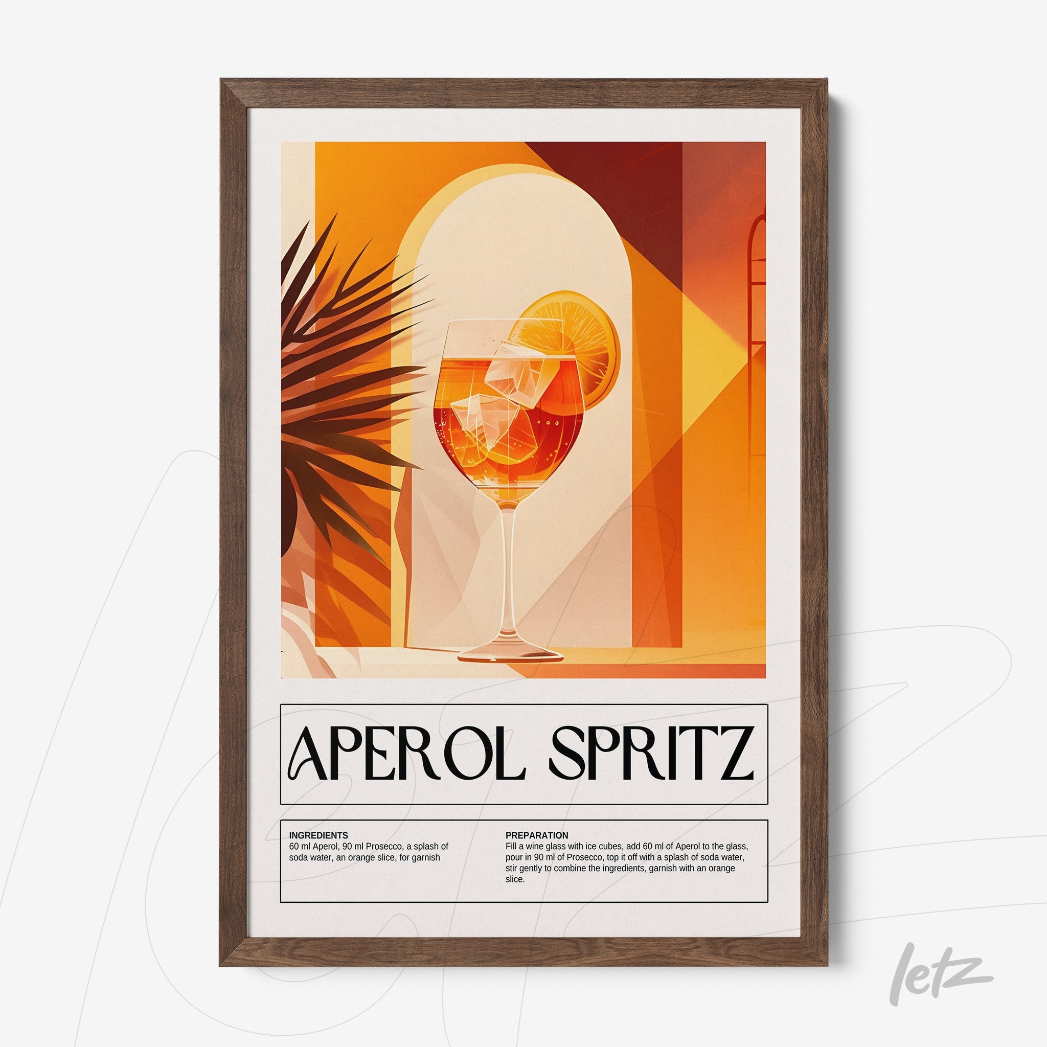 quadro com arte gráfica do drink aperol spritz em moldura de madeira clara