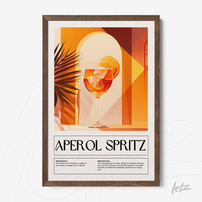 quadro com arte gráfica do drink aperol spritz em moldura de madeira clara