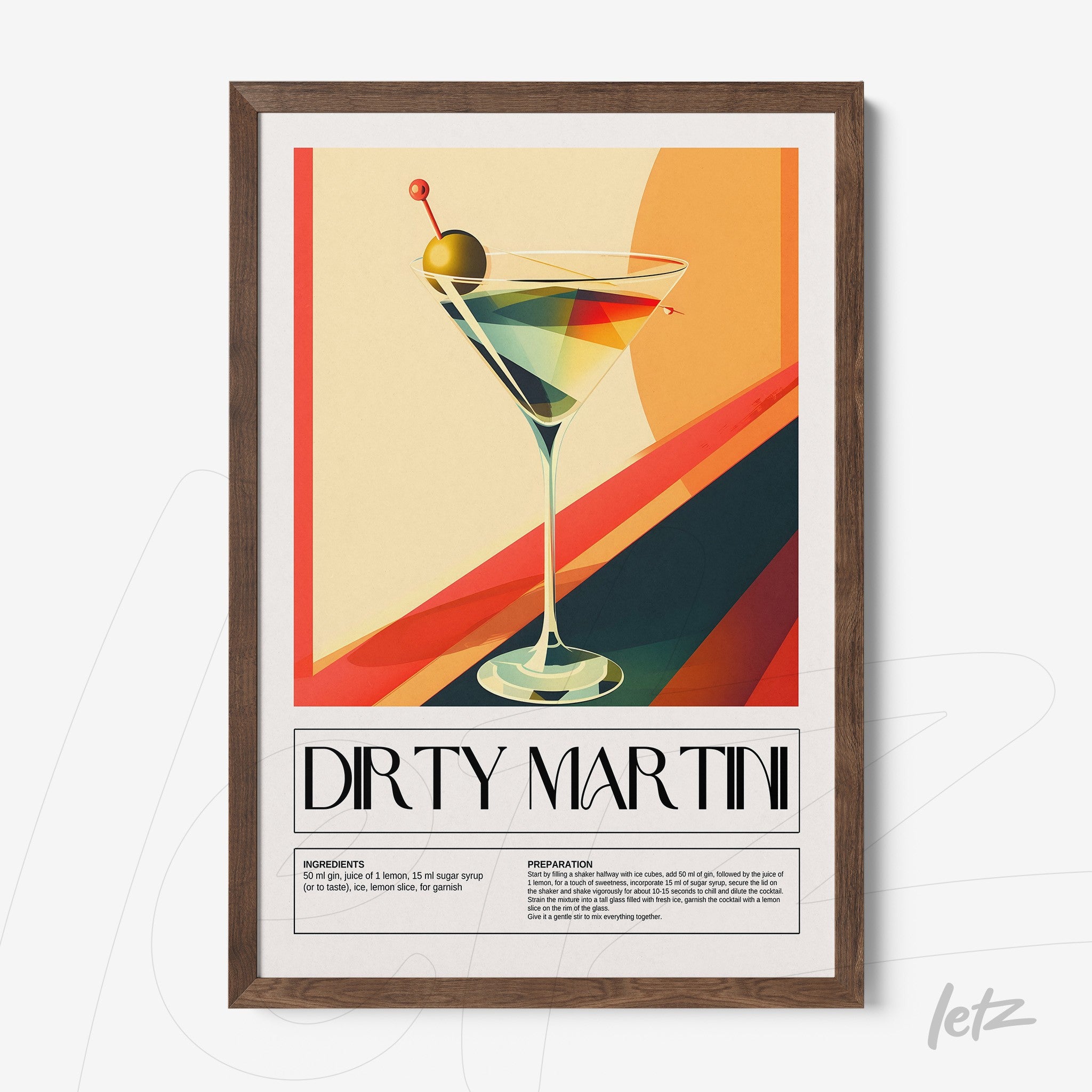 quadro com arte digital de um drink dirty martini em moldura de madeira escura apresentando fundo geométrico colorido