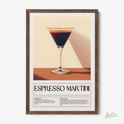 quadro com arte digital de um copo de espresso martini em moldura de madeira clara