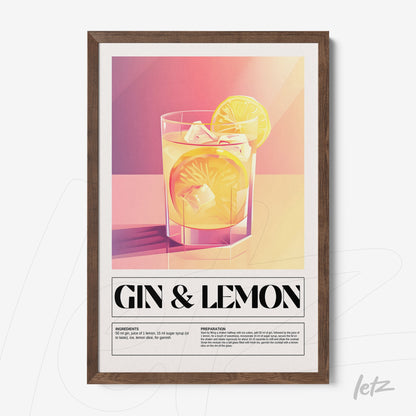 quadro com arte digital de drink gin com limão em moldura de madeira escura