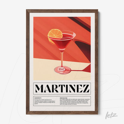 quadro com arte de drink martinez em moldura de madeira escura, com fundo em tons vermelhos