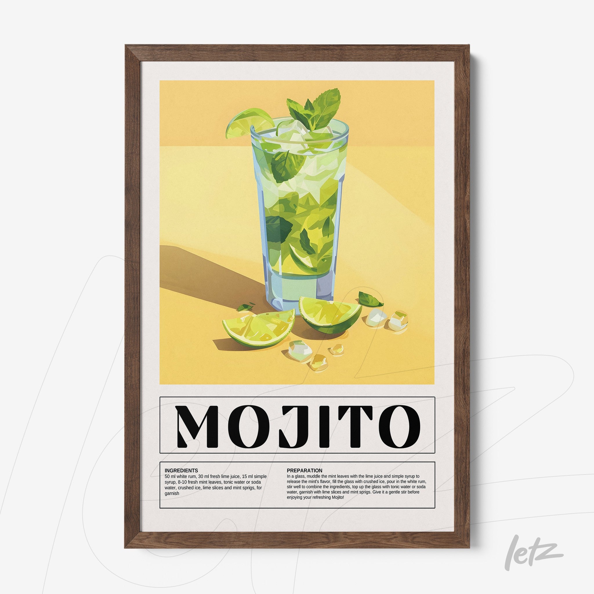 quadro com arte digital do drink mojito em moldura de madeira escura com fundo amarelo
