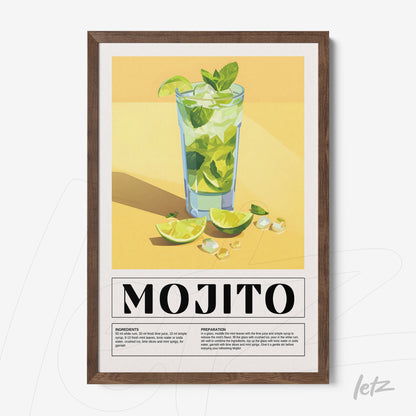 quadro com arte digital do drink mojito em moldura de madeira escura com fundo amarelo