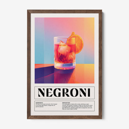 quadro com arte digital de drink negroni em moldura madeira clara com fundo colorido