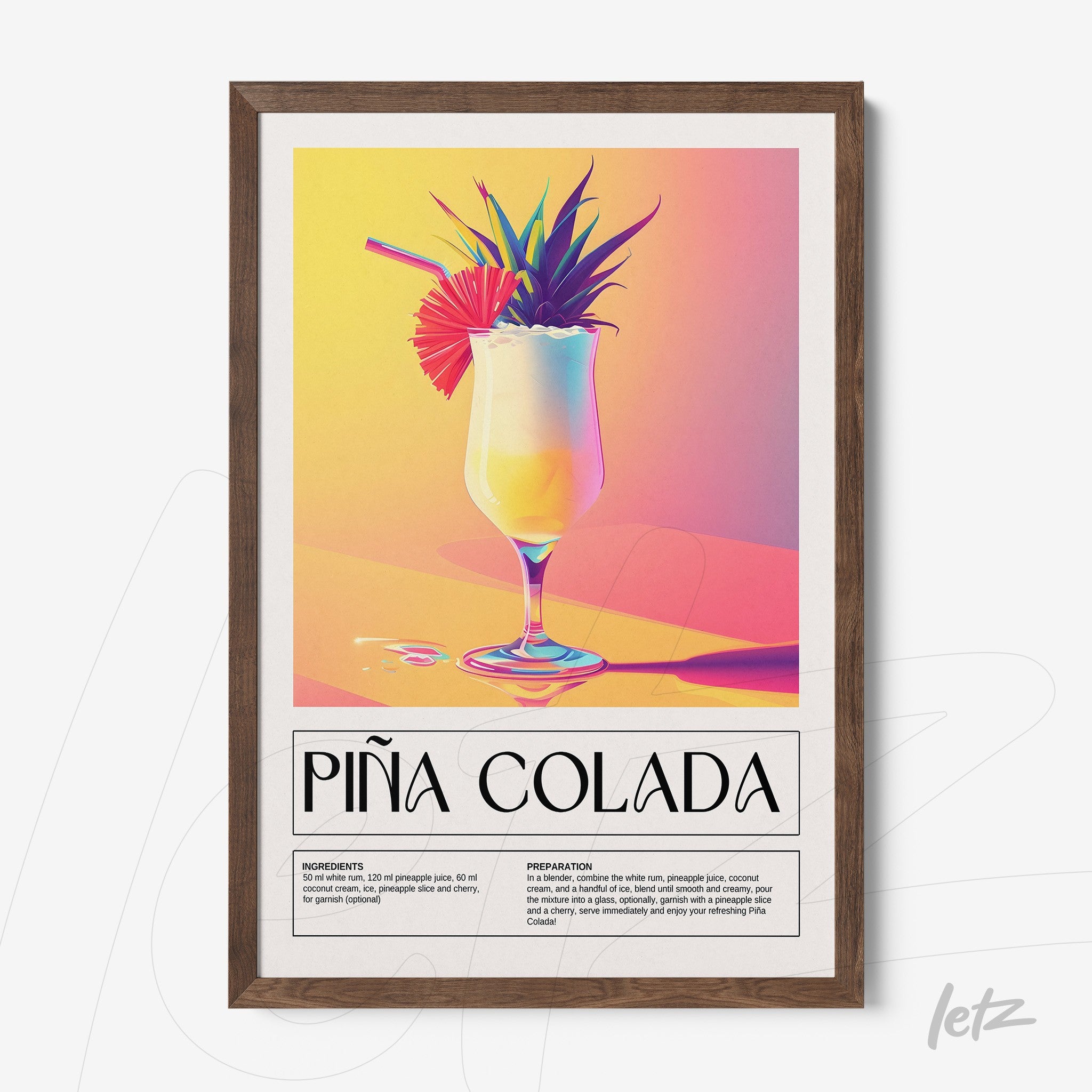 quadro com arte estilizada de piña colada em moldura de madeira escura