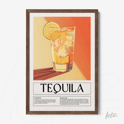 quadro com arte retrô de drink tequila em moldura de madeira escura com fundo laranja
