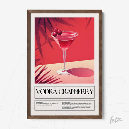 quadro com arte de drink vodka cranberry em moldura de madeira escura